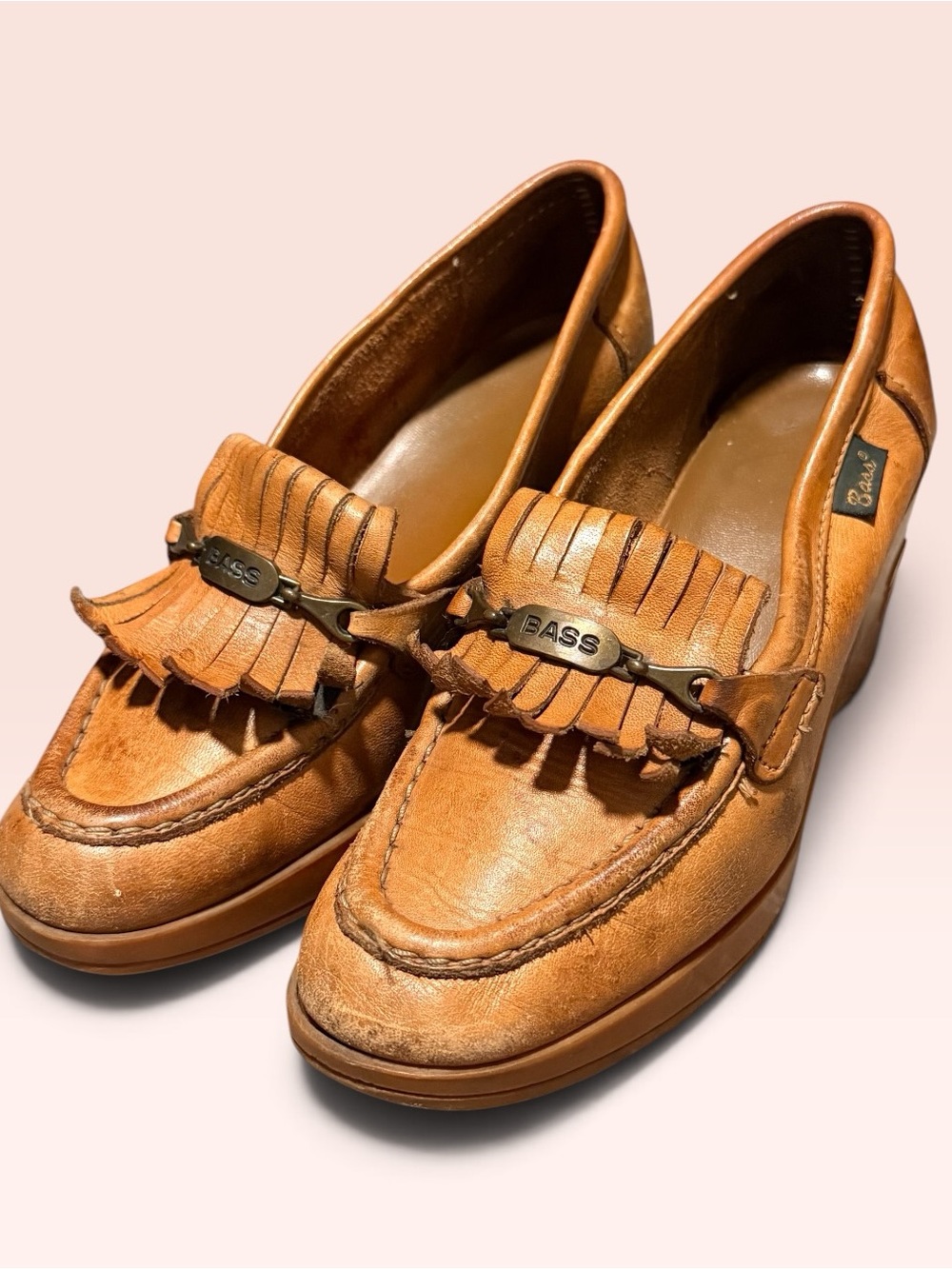Vintage 1970s bass leather Tan Wedge Tassel Loafer